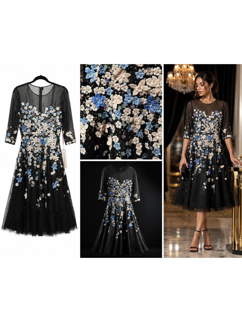 Mac Duggal 3D Floral Embellished Midi Dress Black Blue Size 4 NWT Formal